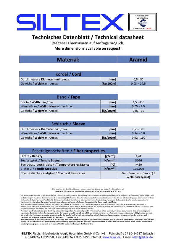 Aramid Datenblatt-Bild