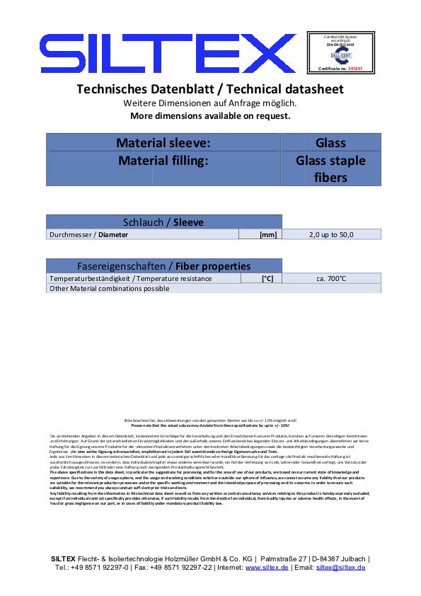 Siltex Datenblatt-Glasseidenschlauch-Roving